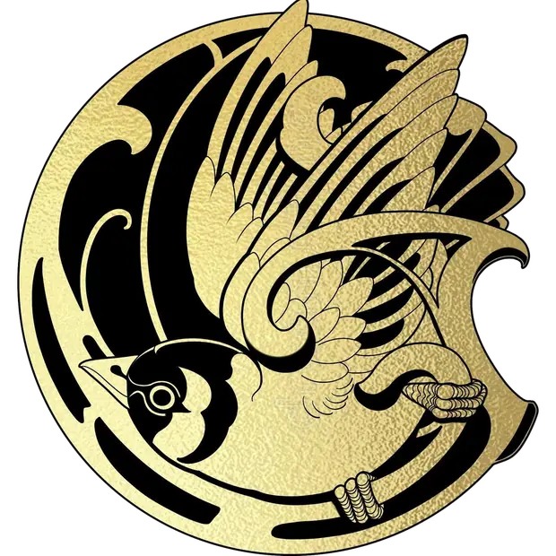Goldfinch Tattoo crest: a goldfinch in flight inside a gold medallion